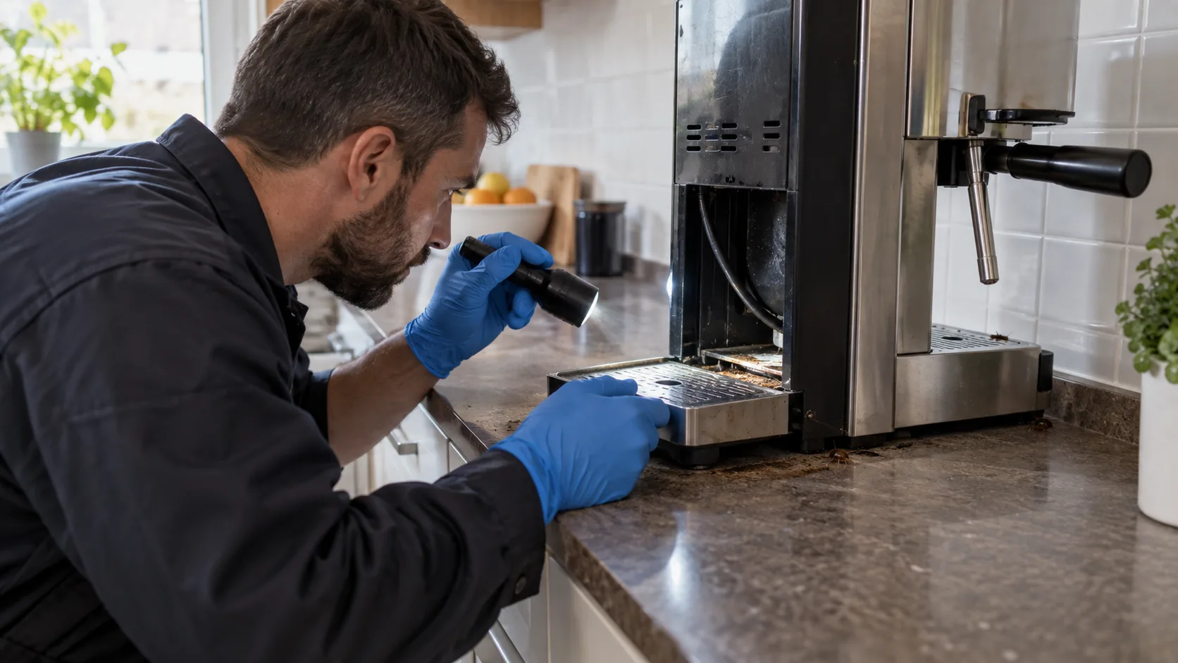 Técnico inspeccionando una cafetera por presencia de cucarachas en una cocina de Parets del Vallès